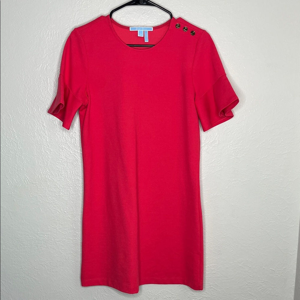 Bright Pink Draper James Shift Dress with Ruffle Sleeve and Gold Buttons - XS
